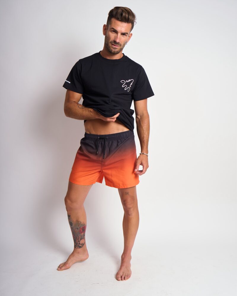 Black T-shirt with white Wildgiraffes logo and gradient on the back