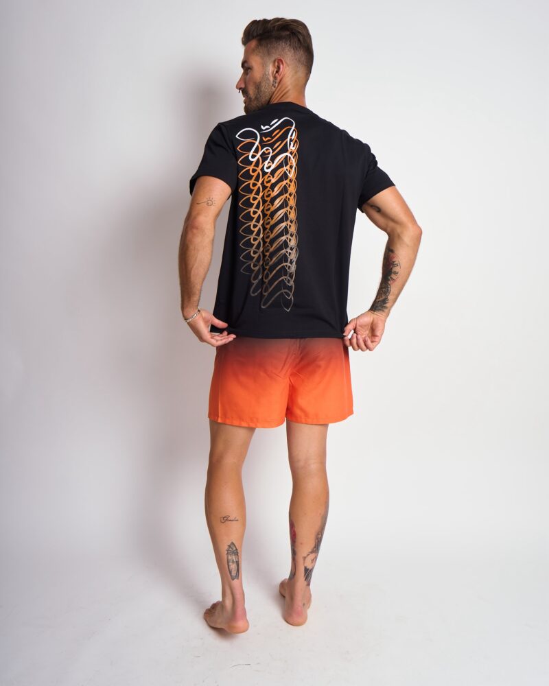 Black T-shirt with white Wildgiraffes logo and gradient on the back