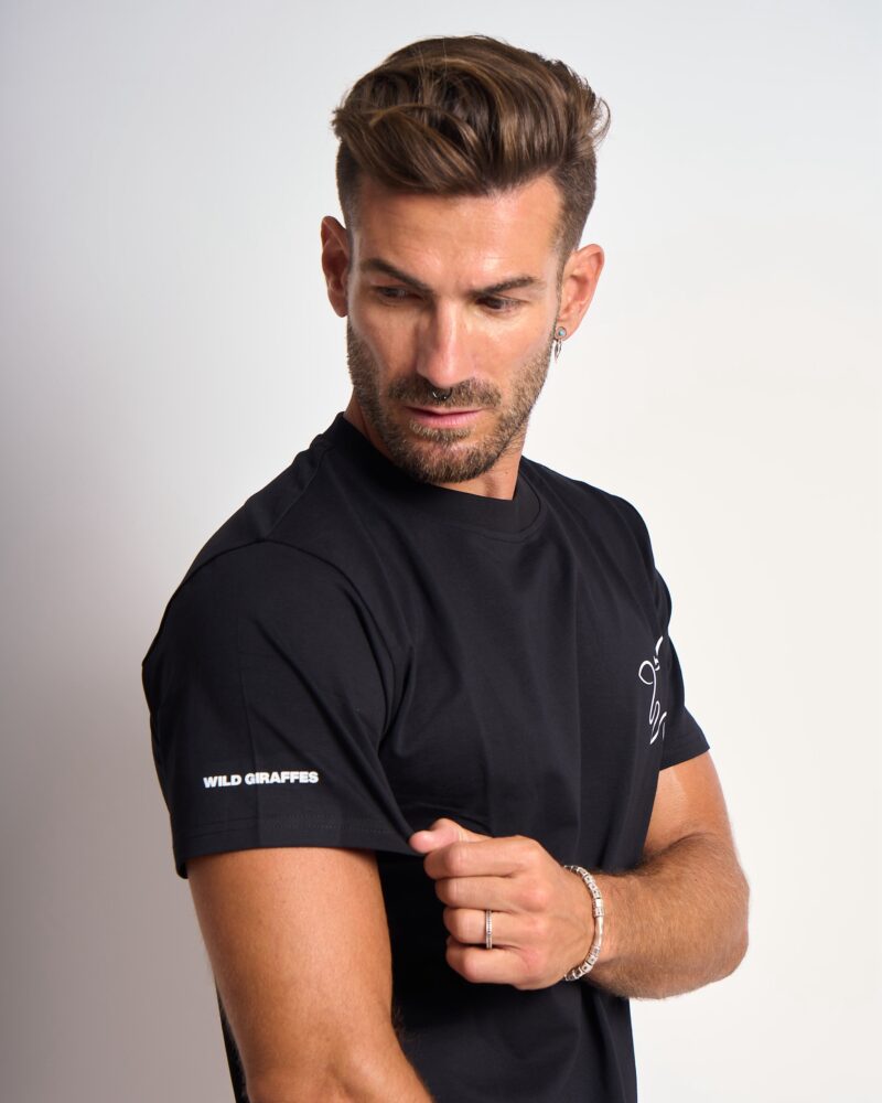 Black T-shirt with white Wildgiraffes logo and gradient on the back
