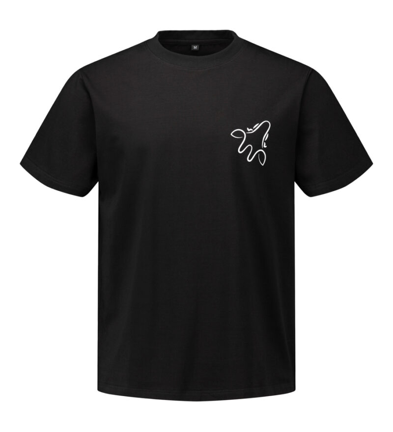 Camiseta negra con logo blanco Wildgiraffes y degradado en espalda